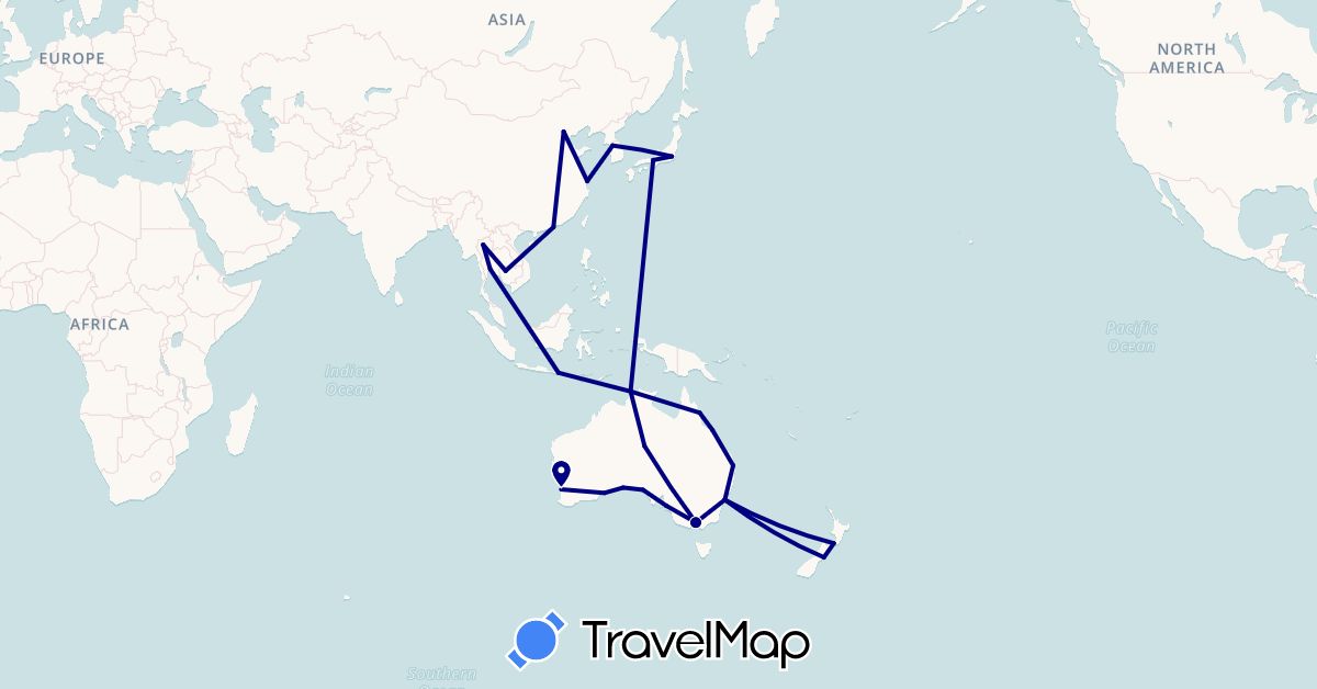 TravelMap itinerary: driving in Australia, China, Indonesia, Japan, Cambodia, South Korea, New Zealand, Thailand (Asia, Oceania)